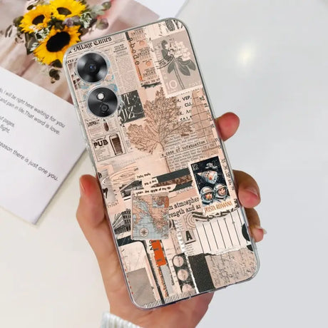 a person holding a phone with a newspaper print case on it