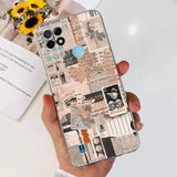 a person holding a phone with a newspaper print case on it