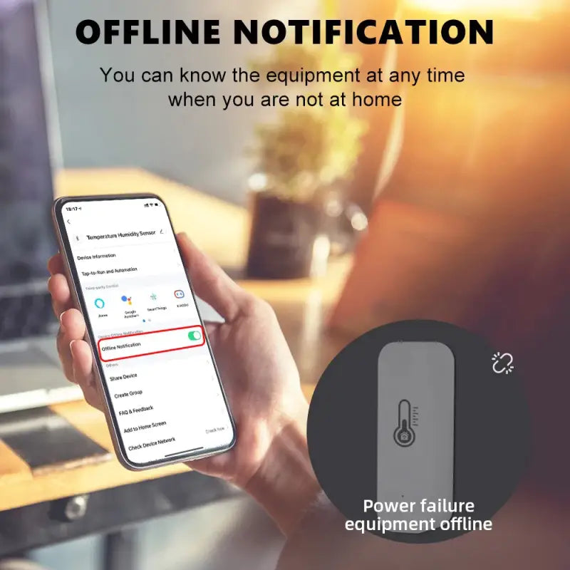 a person holding a phone with the text offline notification