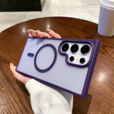 a person holding a purple case with a camera