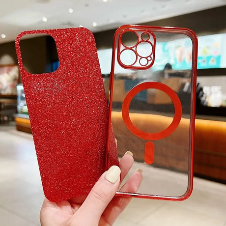 A person holding a red glitter phone case