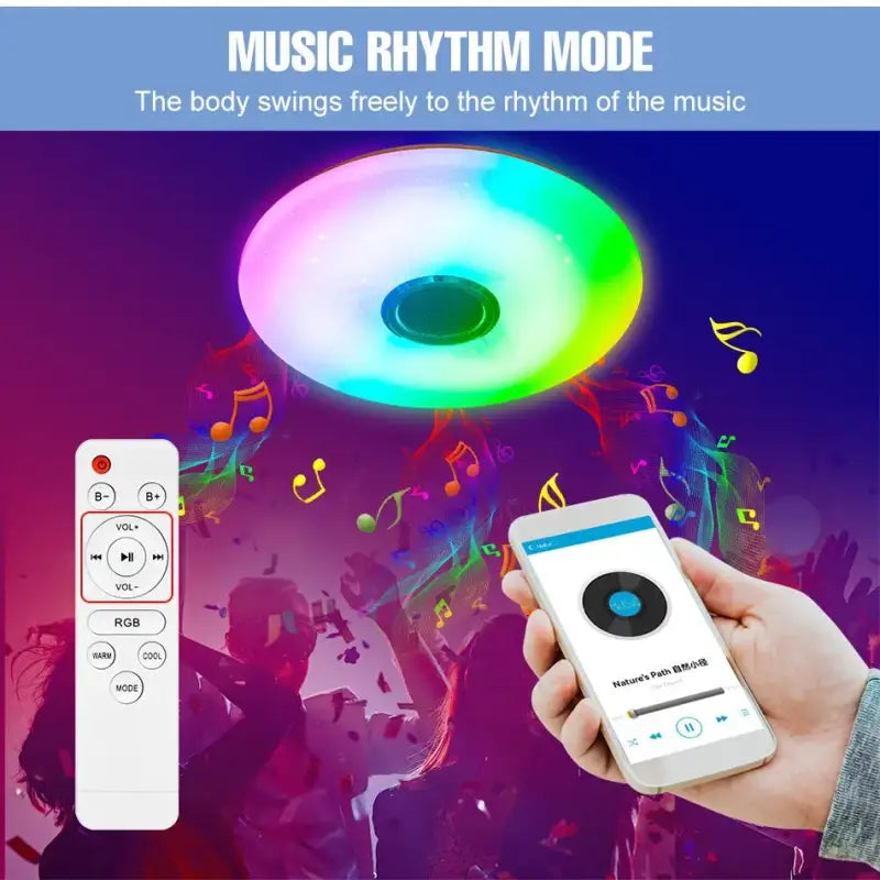 a person holding a remote control device with music notes