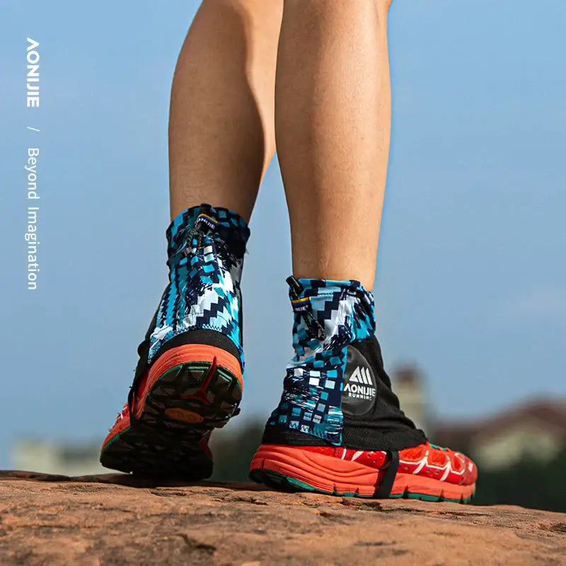 a person wearing running shoes on a rock