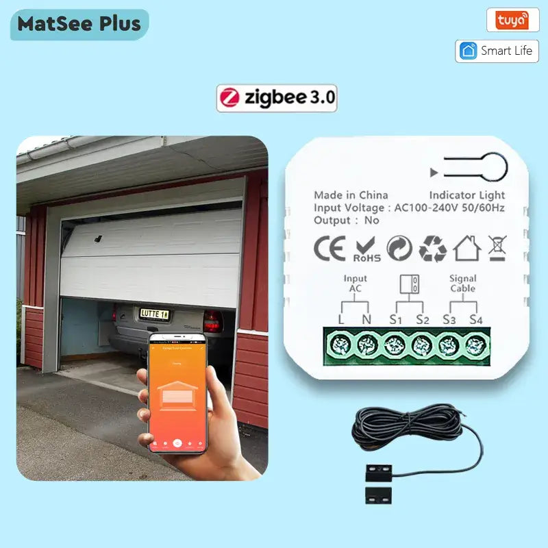 A person holding a smart device with a garage door