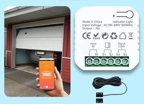 A person holding a smart device with a garage door