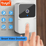 A person touching a smart doorbell