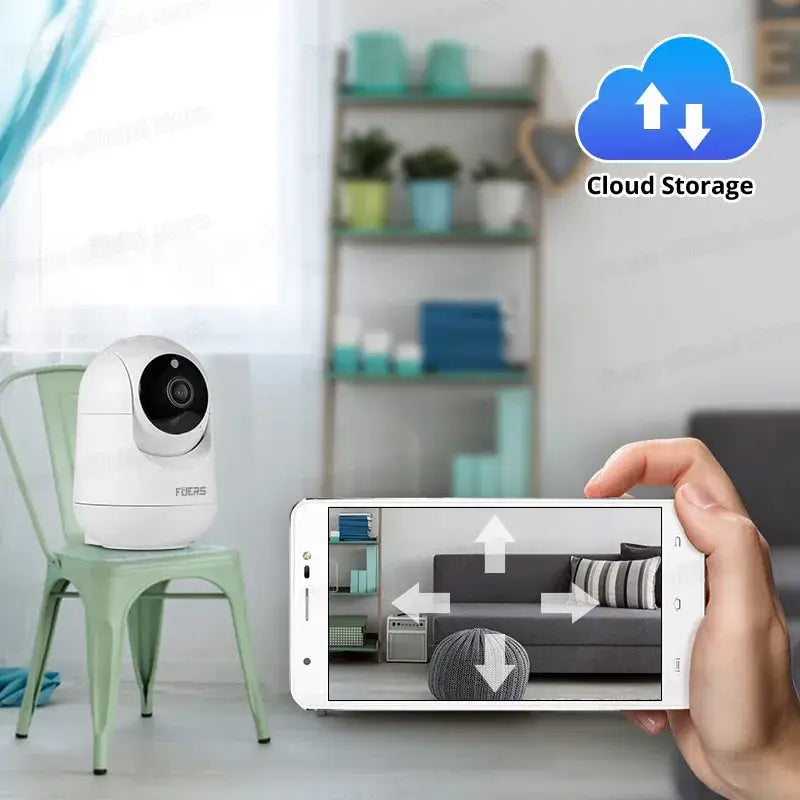 a person holding a smart phone and a cloud storage camera