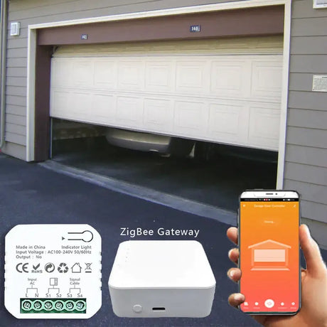 A person holding a smart phone in front of a garage