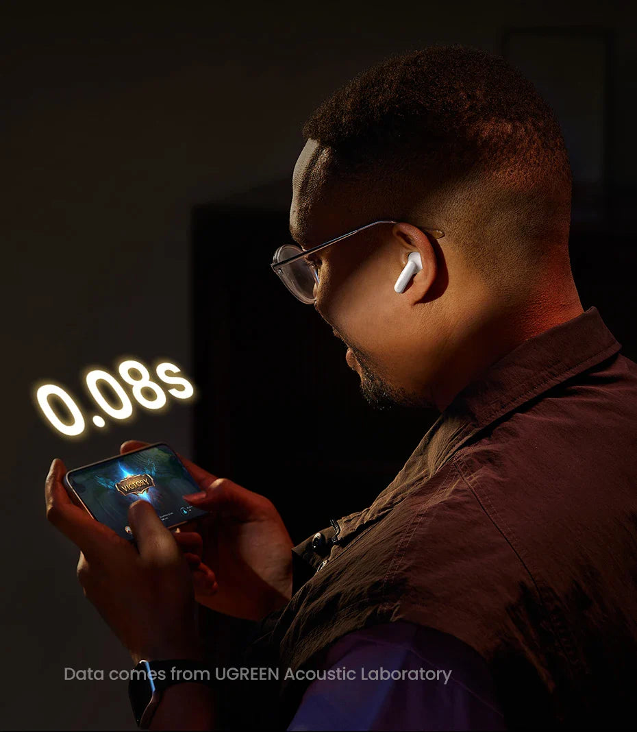 Person using a smartphone with a glowing ’0.08s’ displayed above the device.