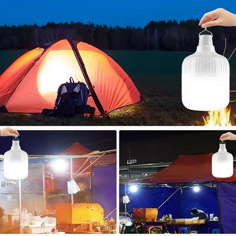 A person is setting up a tent with a light