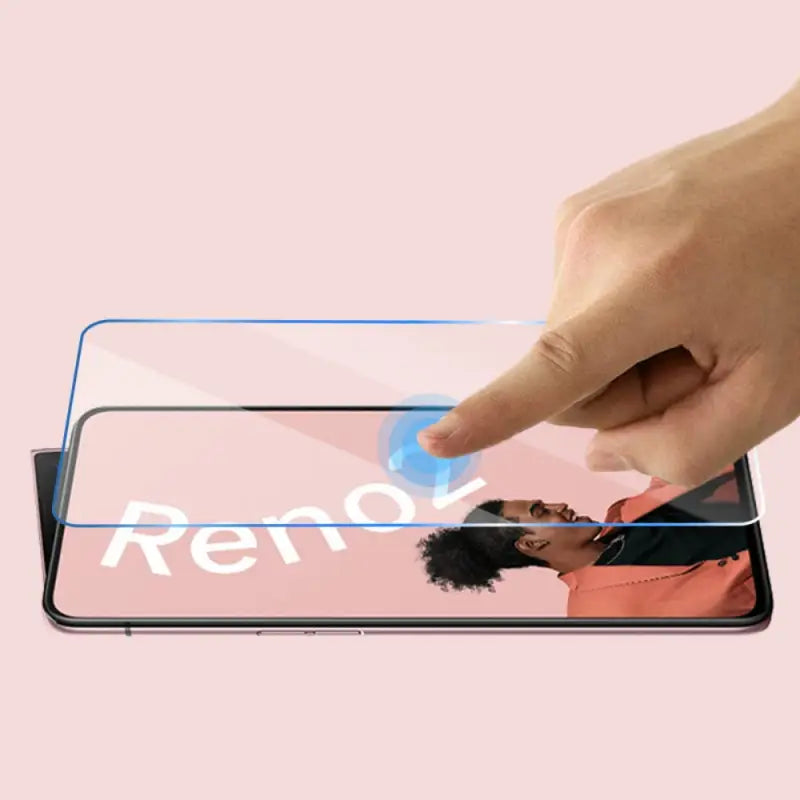 a hand touching a smartphone screen with the word’re’on it