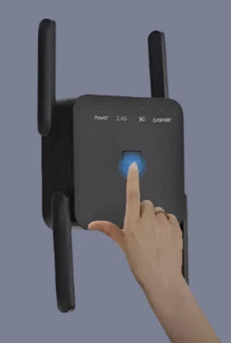 a person holding a wireless device with a hand pointing at it