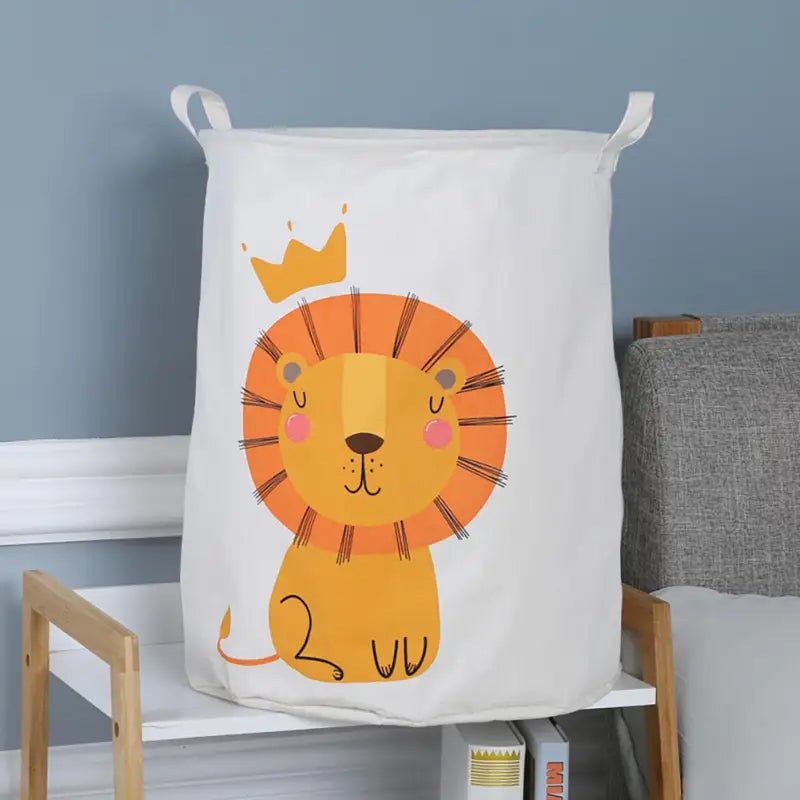 a white laundry bag with a cartoon lion face
