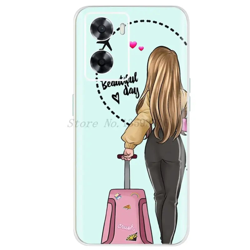 a girl with a suitcase phone case