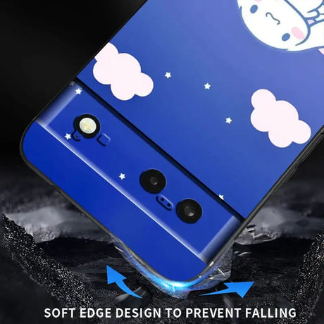 A phone with a blue sky and clouds on it