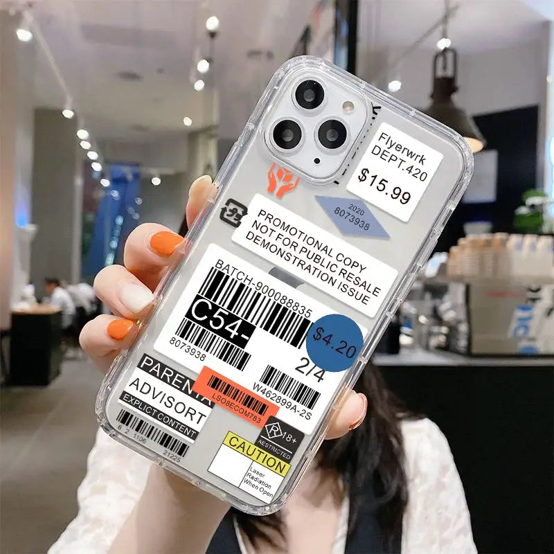 someone holding a phone case with a barcode on it