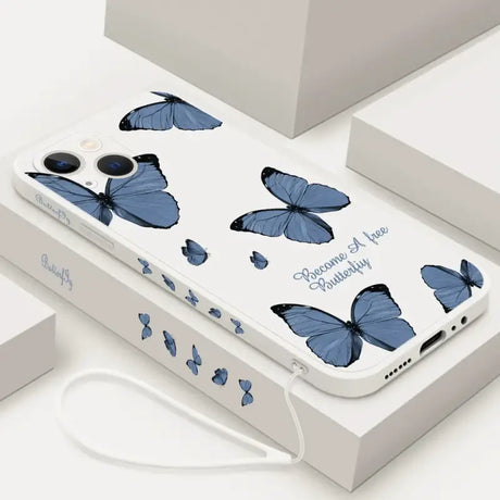 A phone case with blue butterflies on it