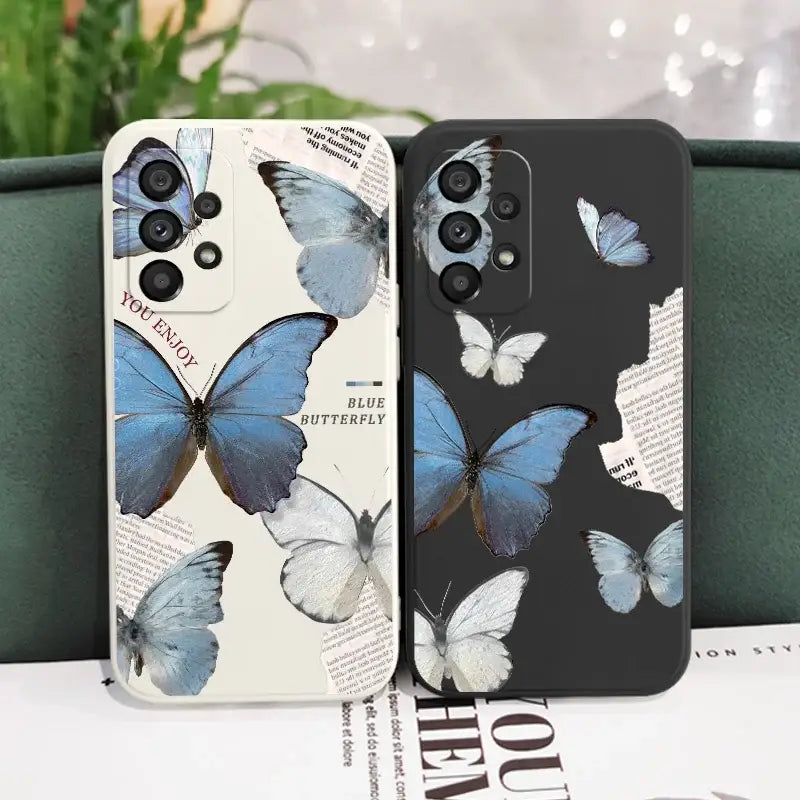 a phone case with blue butterflies on it