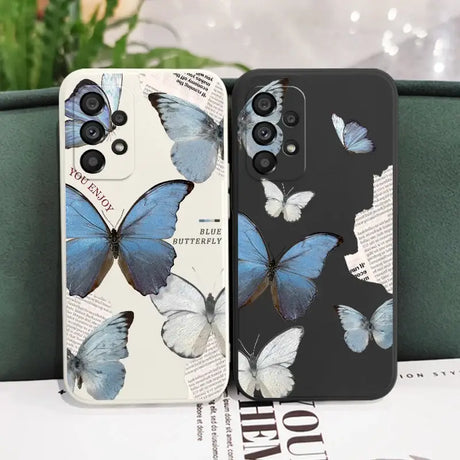 A phone case with blue butterflies on it