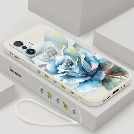 A phone case with a blue flower design