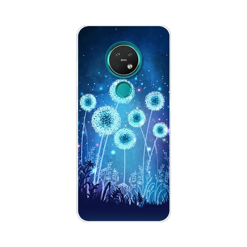 a blue and green phone case with dandelions on it