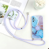 a phone case with a purple strap and a white flower