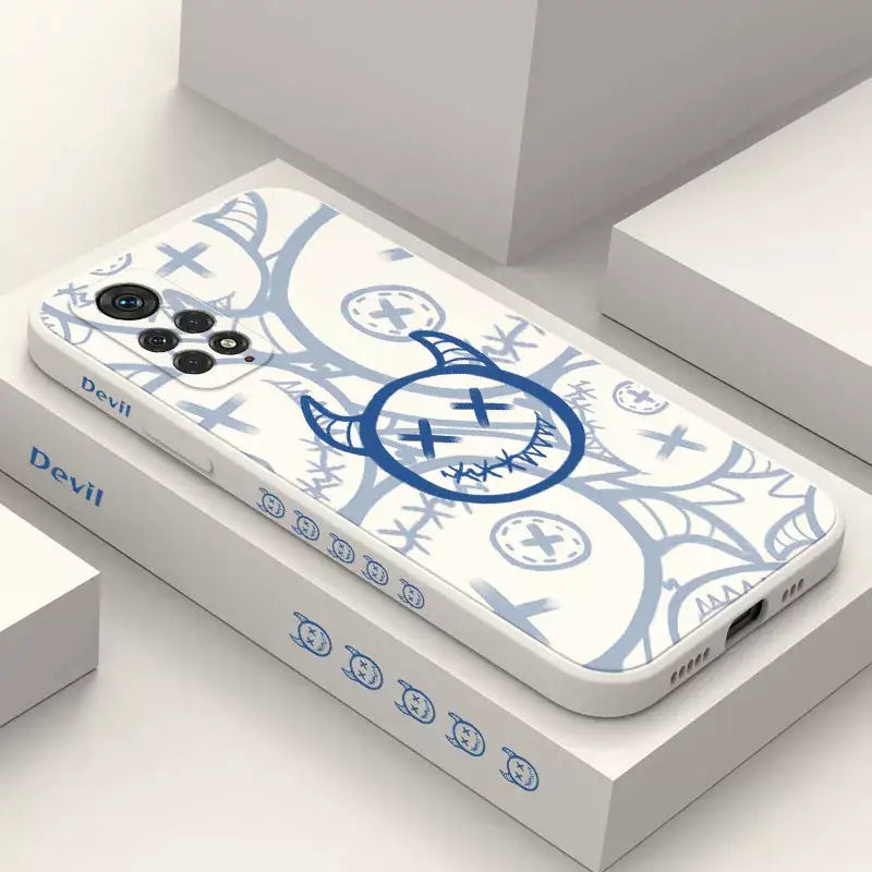 A phone case with a blue and white design