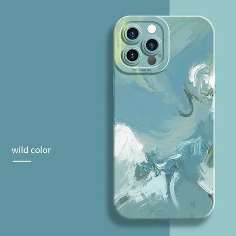 A phone case with a blue and white painting