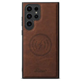 The back of the phone case with a brown leather cover
