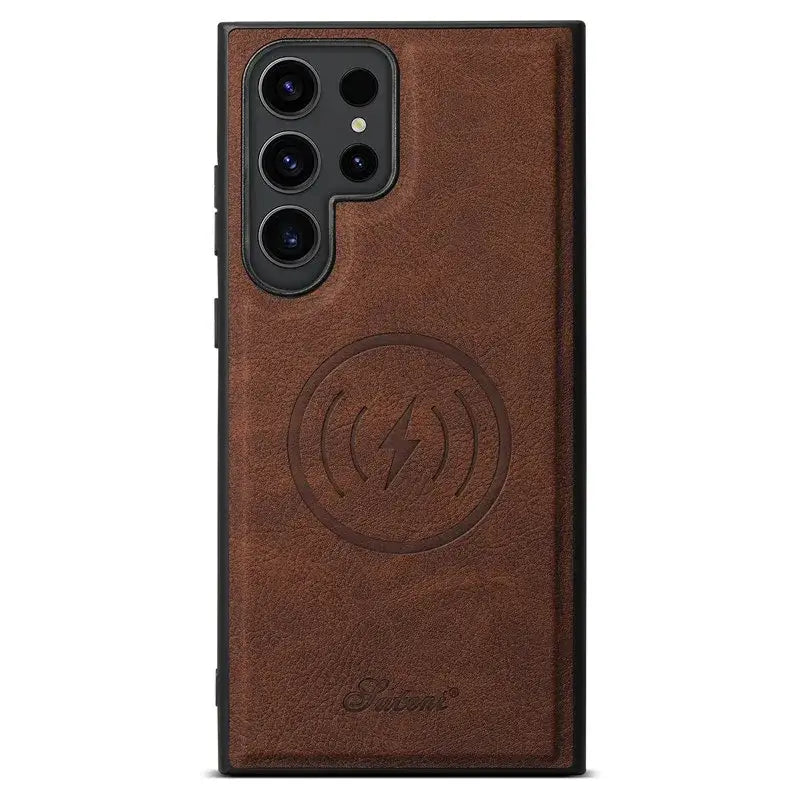 the back of the phone case with a brown leather cover