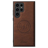 the back of the phone case with a brown leather cover