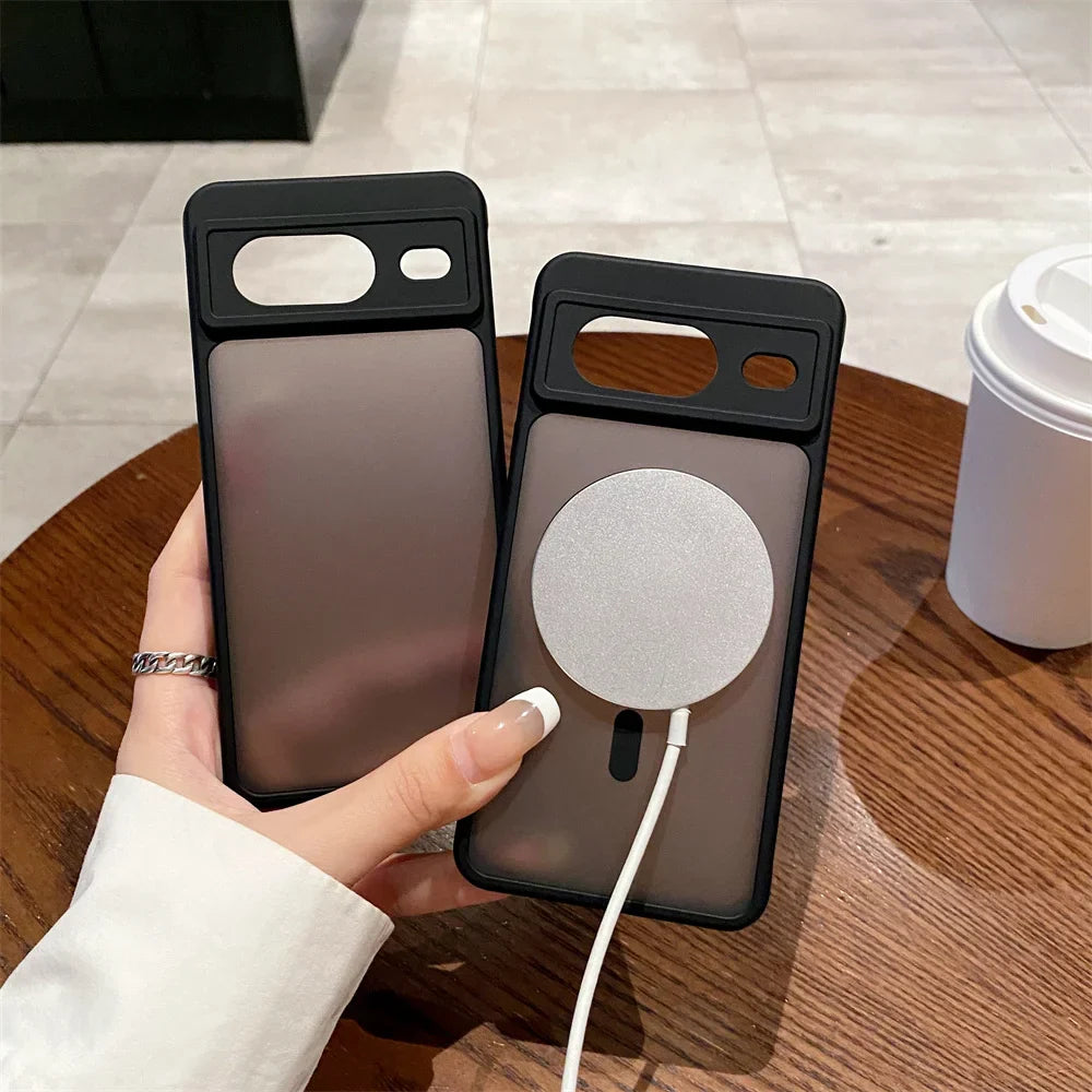 Phone case with a built-in wireless charging pad for MagSafe compatibility.