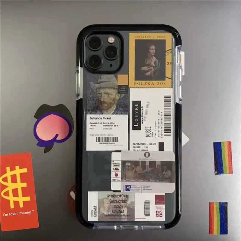 a phone case with a bunch of tickets and a card