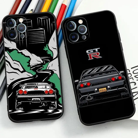 A phone case with a car and a car on it