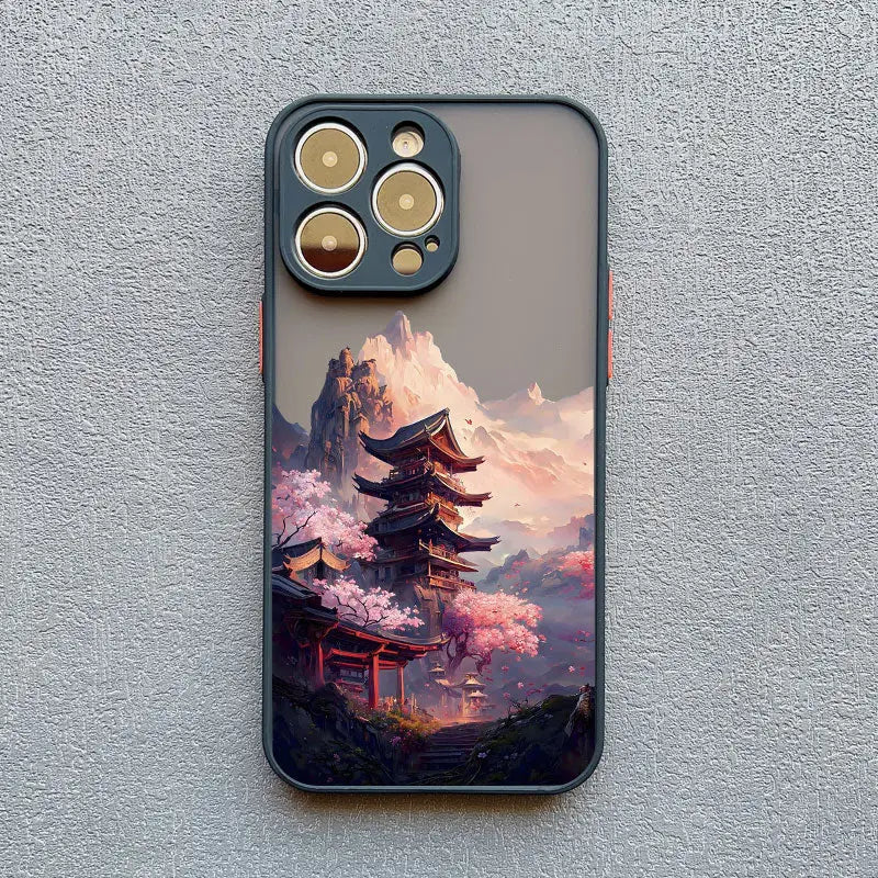 a phone case with a photo of a castle in the background