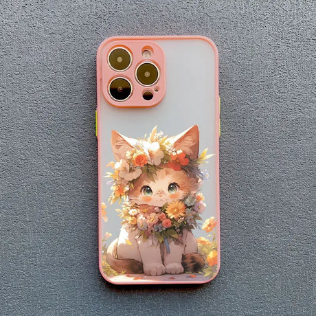 A phone case with a cat and flowers on it