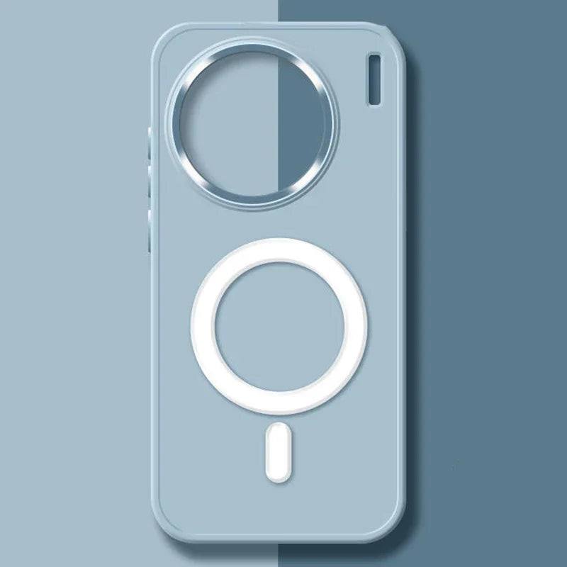 Phone case with circular cutouts for camera and wireless charging.