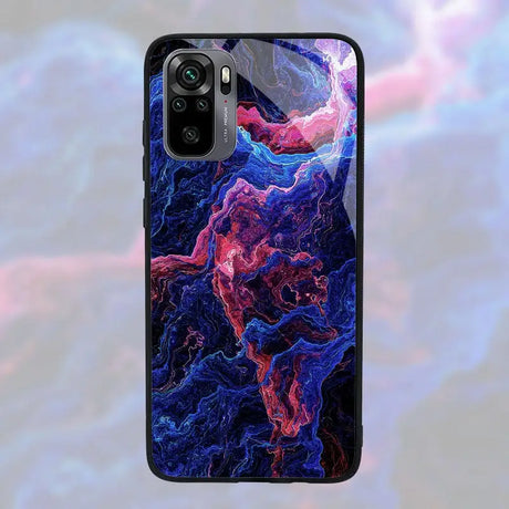a close up of a cell phone case with a blue and pink design