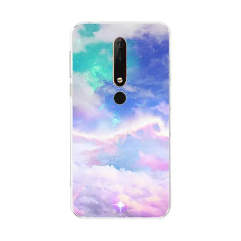 a phone case with a colorful sky and clouds design