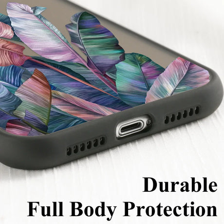 A phone case with a colorful leaf print on it