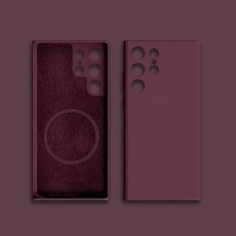 the back and front of the phone case are shown in a dark purple hue