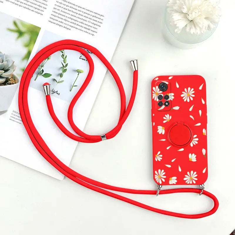 a red phone case with a flower pattern