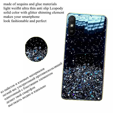 a phone case with glitter and a black background