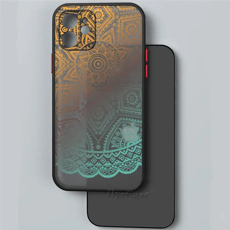 The back of a phone case with a gold and green pattern