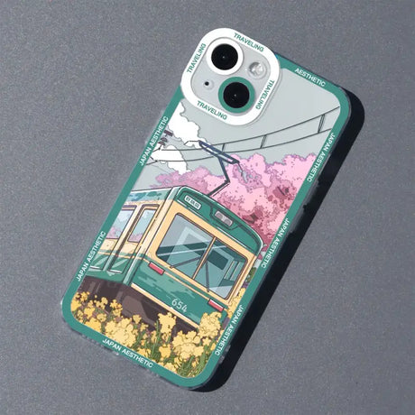 A phone case with a green cable car on it