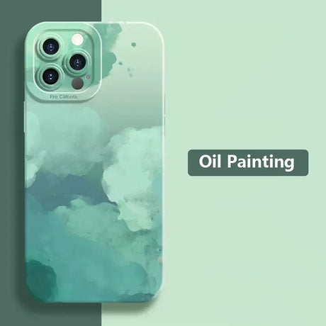 A phone case with a green and white watercolor painting