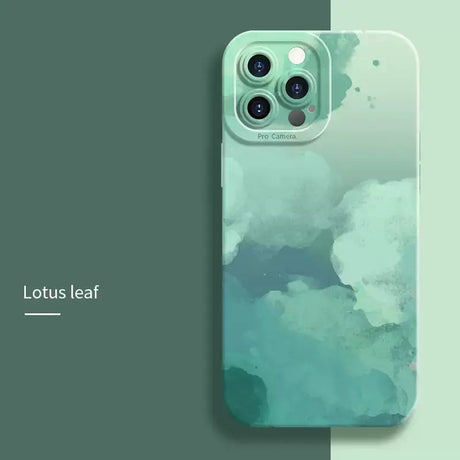 A phone case with a green and white watercolor design