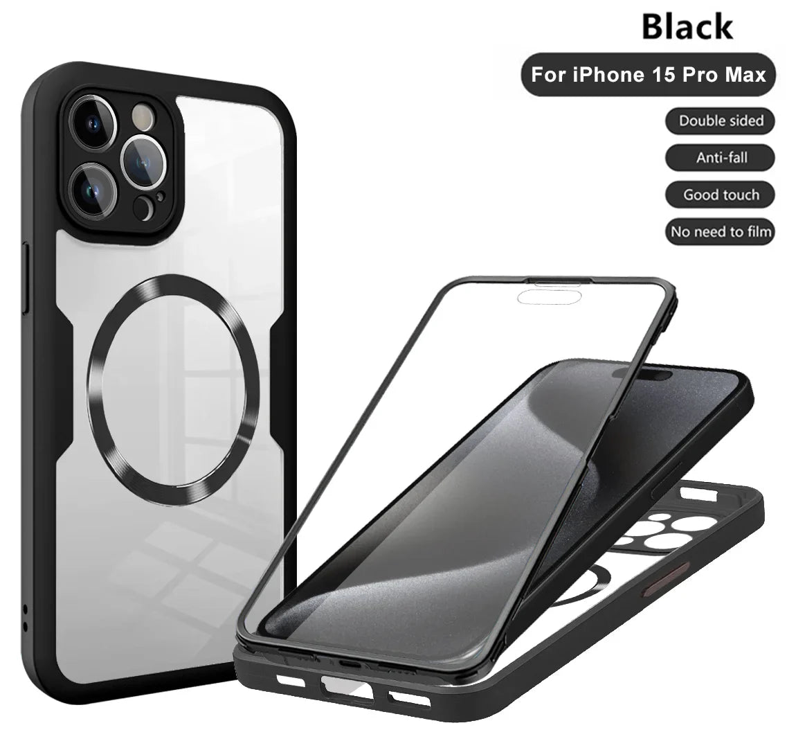 Phone case for iPhone 15 Pro Max with a magnetic ring and protective features.