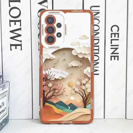 A phone case with a landscape design