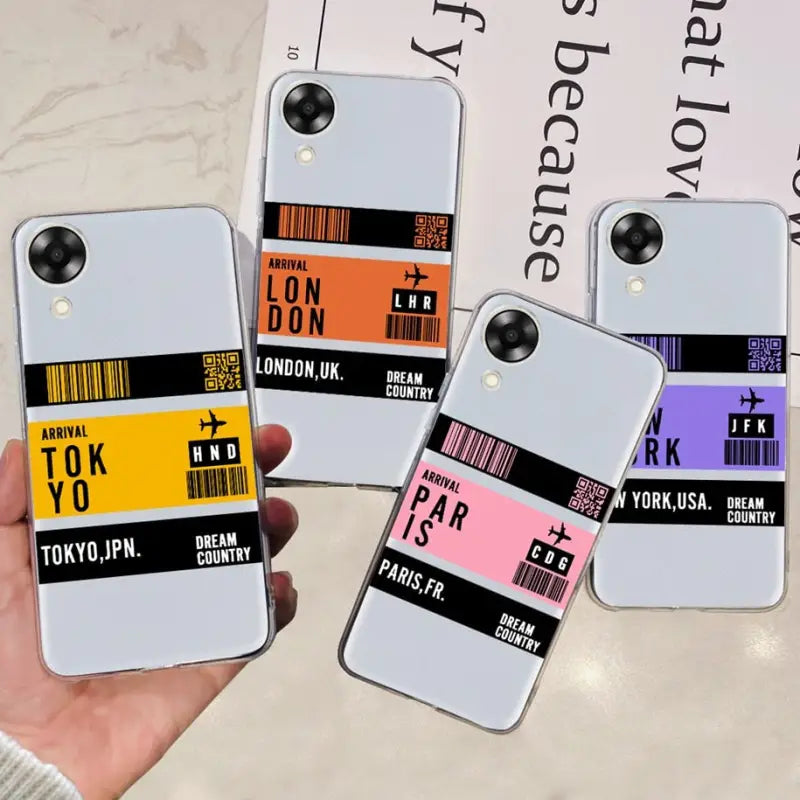 three iphone cases with a ticket on them are shown in front of a ticket card